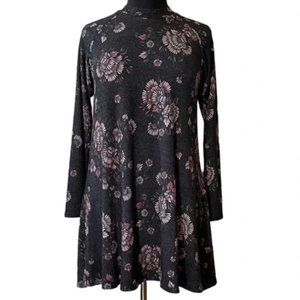 Whimsygoth Mock Neck Jersey Knit Swing Abstract Floral Mini Dress
